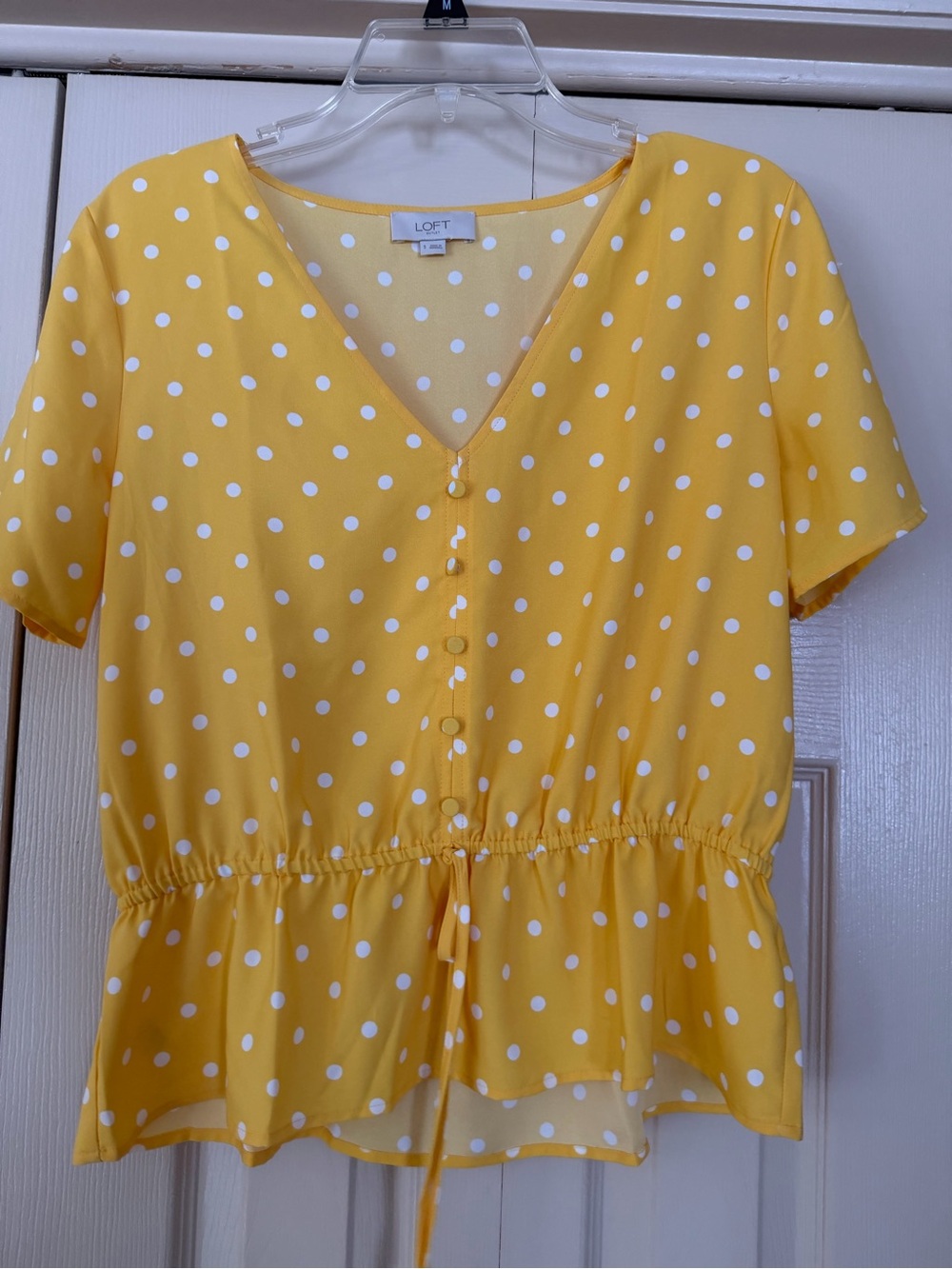 LOFT Yellow White Polka Dot V-Neck Drawstring Peplum Blouse